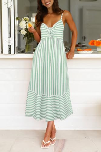 Image of Fashionme Womens Summer Maxi Dresses 2026 Trendy Striped Vacation Boho Beach Spaghetti Strap Sundress Back Tie with Pockets