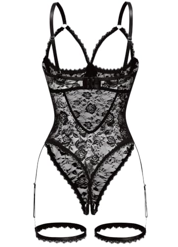 Women Sexy Floral Lace Teddy Lingerie Garter Belt Backless Bodysuit Set - image 4