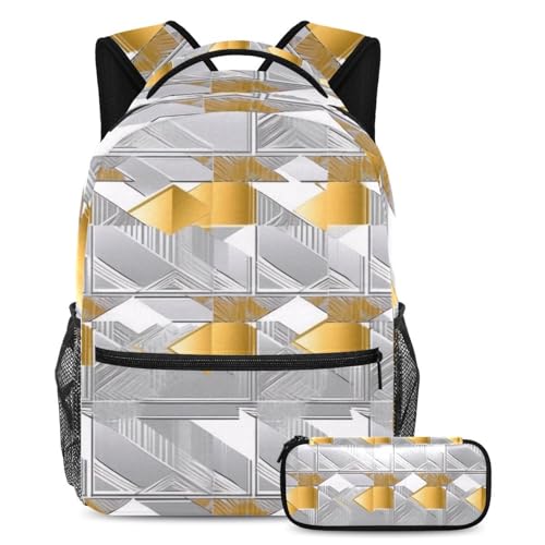 Cartable 2 pièces géométrique argenté pour garçon et fille | Sac à dos ados 40cm avec trousse