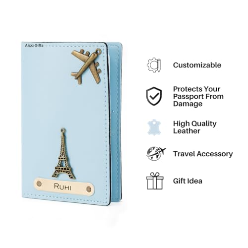 Image of AICA Personalised Name & Charm Leather Passport Cover Holder for Men & Women (Babyblue) | Gifts for Woman | Gift for Man | Passport Cover for Men | Diwali Gift Hamper | Corporate Gifts for Employees
