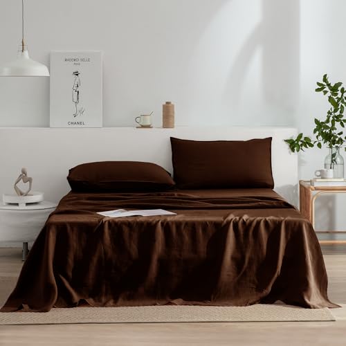 Image of EVERLY Linen Sheets Set Full Size,100% French Stonewash Pure Linen Sheets Set,4Pieces (1Flat Sheet,1Fitted Sheet,2Pillowcase) Suitable for Hot Sleepers,Deep Pocket Natural Bedding Set-Chocolate