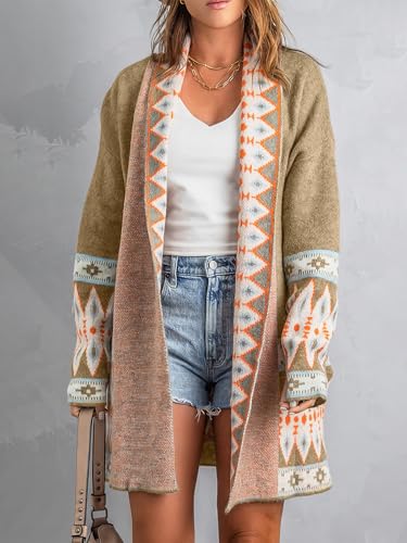 ebossy Women's Fashion Aztec Print Jacquard Knit Open Front Cardigan Lapel Long Sleeve Boho Graphic Long Sweater Coat, Khaki, L - Image 3
