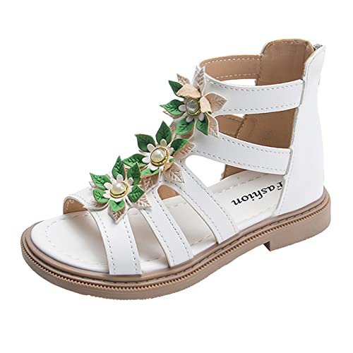 Summer Girls High Top Sandals Kids 𝐆ladiator Lace Up Sandals Zipper Flowers Cute Princess Shoes Non-Slip Sandals (White, 31 Little Child)