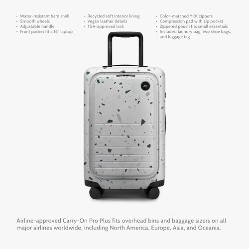 Image of Monos Carry-On Pro Plus Luggage 23 Inch - Hardside Spinner Suitcase with TSA Lock & Laptop Front Pocket | Airline Approved, 42L Polycarbonate Rolling Carry On | Fits 16 inch Laptop | Terrazzo, White