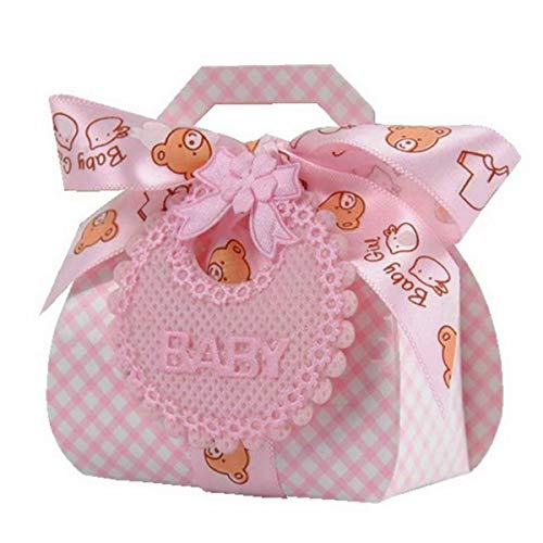 FireAngels - Caja de recuerdos para baby shower, 24 unidades, con forma de oso, para regalo de boda, bautizo, fiesta, chocolate, pastel, caja de caramelos con etiquetas de babero y cintas rosa