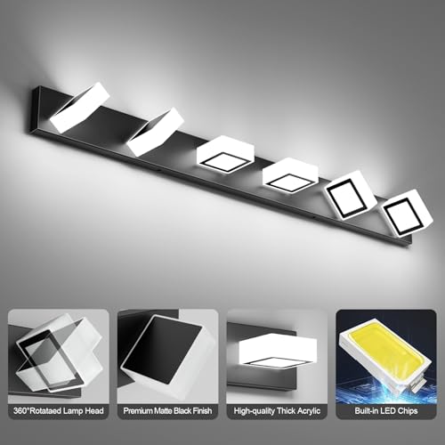 Image of Ralbay Black Bathroom Vanity Lights 48inch Metal Acrylic LED Modern Bathroom Wall Lighting Fixtures Matte Black (White Light 6000K, Non-dimmable)