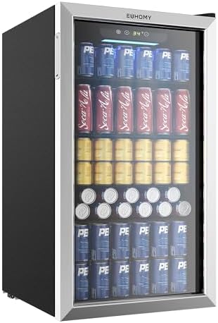 EUHOMY Beverage Refrigerator Cooler, 128 Can Mini Fridge with Glass Door for Soda Beer or Wine, Beverage Cooler for Home, Office, Bar with Adjustable Removable Shelves, Silver