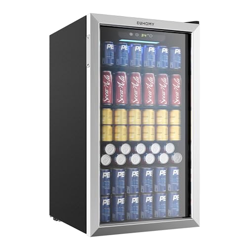 EUHOMY Beverage Refrigerator Cooler, 130 Can Mini Fridge with Glass Door for Soda Beer or Wine, Beverage Cooler for Home, Office, Bar with Adjustable Removable Shelves, Silver