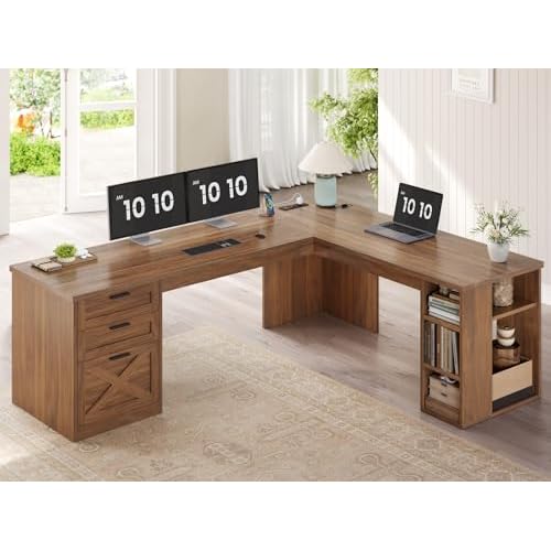 SEDETA 67" Farmhouse L Shaped Desk with 3 Drawers, Executive Home Office Desks with Storage Shelves, Corner Computer Desk with Power Outlets for Home