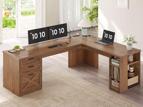 SEDETA 67' Farmhouse L Shaped Desk with 3 Drawers, Executive Home Office Desks with Storage Shelves, Corner Computer Desk with Power Outlets for Home Office, Brown