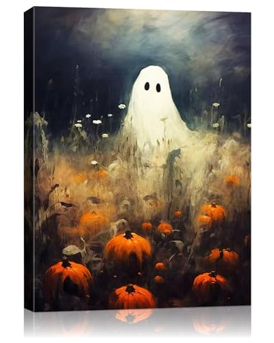 Halloween Canvas Wall Art, Spooky Ghost in Pumpkin Patch Poster,