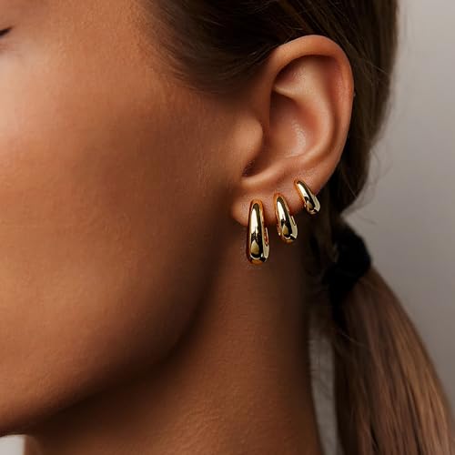 JUANKIKI 14K Gold Plated Hoop Earrings Set 3Pairs for Women Chunky Earring Hypoallergenic Small Huggie Hoops Lightweight Tiny Thick Trendy Hoop Earrings Stacks for Multiple Piercing - image 5
