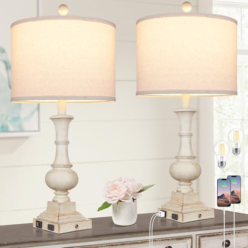 Cinkeda 26 Inch Farmhouse Table Lamps Set Of 2, Rustic Touch Control Bedside Lamps With 2 Usb Ports & Ac Outlet, Vintage White Resin 3-Way Dimmable Nightstand Lamp Linen Fabric Shade For Living Room Bedroom Decor thumb #8