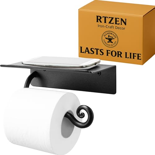 RTZEN Portarotolo di carta igienica da bagno con mensola, realizzato a mano, in ferro battuto, decorazione da parete in stile rustico, colore nero, per arredamento moderno del bagno