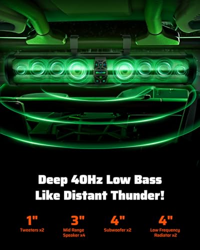 Image of Ehaho Rumble-X Series UTV Sound Bar, 10-Speaker Metal Golf Cart Speaker BT w /Broadcast Party Mode & Music Sync Multicolor, 36 inch IP66 Waterproof SXS SoundBar Compatible with Polaris RZR CFmoto Can-Am