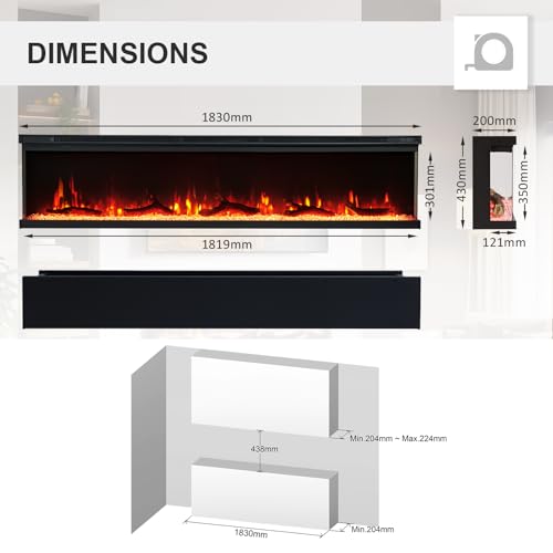 FlameKo Leura 183cm/70" 3 Sided view Electric Fireplace Wall Mounted or Recessed 9 Colour Flame Effect TV Compatiable Media Wall Fire Heater 900W/1800W, Remote Control - Image 2