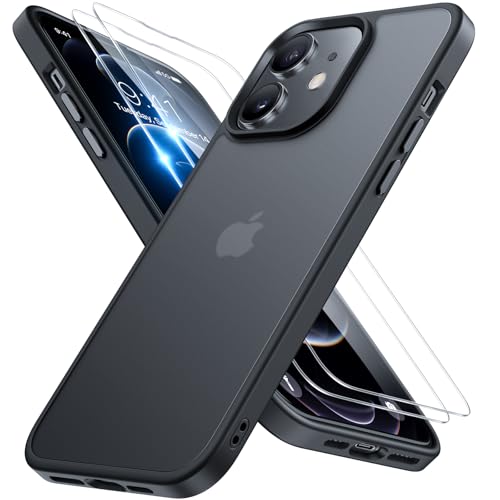 Miracase for iPhone 12/12 Pro Case [with 2X Screen Protectors] [TOP Military-Grade Protection] Anti-Fingerprint Translucent Matte Shockproof Slim 12/12 Pro Phone Case 6.1 - Black