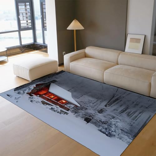 Tapis de cabane 60x120cm lavable à poil bas style chalet enneigé