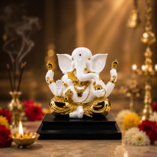 Image of Premium Lord Ganesha Statue - White & Gold Ceramic Ganpati Idol - Luxury Hindu God Figurine for Home Decor, Pooja Mandir, Office, and Auspicious Gifting