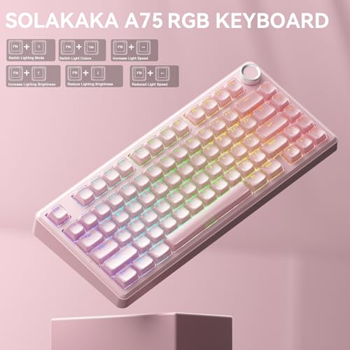 Image of SOLAKAKA A75 Wireless Gaming Keyboard with Multifunction Knob, BT5.0 /2.4GHz /USB-C, 75% Mechanical Keyboard, Hot-Swappable, Gasket Creamy Keyboard with RGB Backlit, Crystal Keycaps, for PC /Mac /PC
