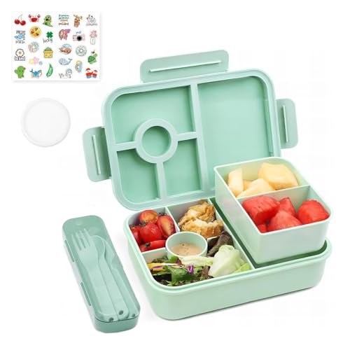 Bugucat Brotdose Kinder mit Fächern 1300ML, Lunchbox Kinder Auslaufsicher mit 5 Fächern, Bento Box Lunch Box mit Fächern für Erwachsene, Frühstücksbox Vesperdose für Jungen&Mädchen Grün