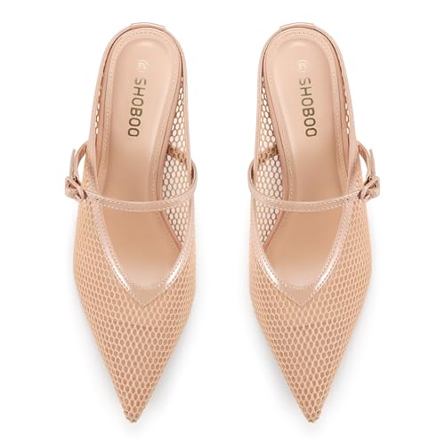 SHOBOO Women's Pointed Toe Kitten Heels Mesh Dress Sandals Slip On Pump Shoes with Strap for Casual Party Office Nude by SHOBOO - Used condition - Image 7