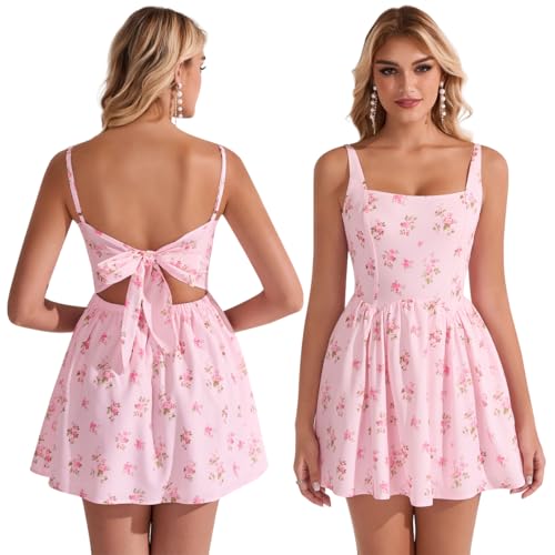 VKIHOC Floral Mini Sundress Casual Bow Tie Square Neck Ruffle A Line Graduation Beach Short Dress...