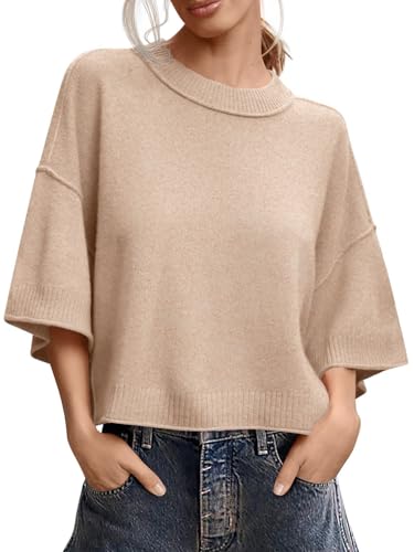Image of Women's Short Sleeve Cropped Sweaters 2025 Summer Oversized Loose Fit Drop Shoulder Casual Sweater Tops