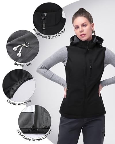 33,000ft Damen Softshell Westen mit Abnehmbare Kapuze Fleece Gefütterte Ärmellose Jacke Wasserdichte Winddichte Sportwesten Vest mit 5 Taschen für Reiten Laufen Wandern Schwarz M