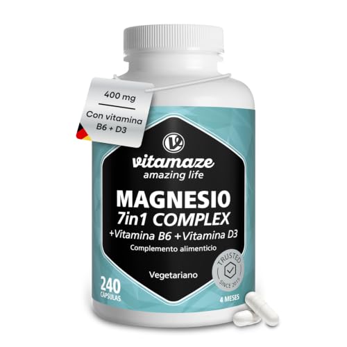 Magnesio Complex + B6 + D3, 240 Cápsulas (7 Magnesios para 4 Meses). Magnesio Bisglicinato, Citrato y Malato. Músculos, Energía y Bienestar. Fabricado en Alemania