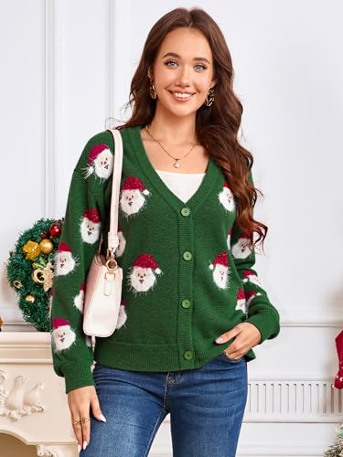 Simplee Green Santa Face Button Christmas Cardigan - Image 5