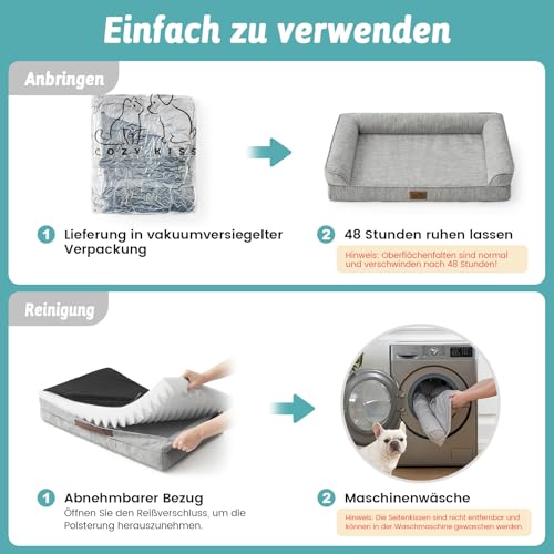 COZY KISS Orthopädisches Hundebett für Extra Große Hunde mit Abnehmbarem, 122x81x19cm, Waschbarem Bezug – Stützende Schaumstoff-Couch-Bett mit Wasserdichten Seitenteilen, Silbergrau