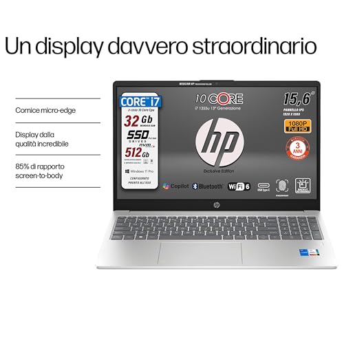 Image of HP 250 G10, Laptop Notebook, Intel Core i7 1355u,13Th, 10Core, Ram 32Gb, SSD 512Gb, 15.6 inch IPS FHD, Wi-Fi 6, HD Webcam, Backlit Keyboard, Fingerprint, Win 11Pro, Italy Warranty