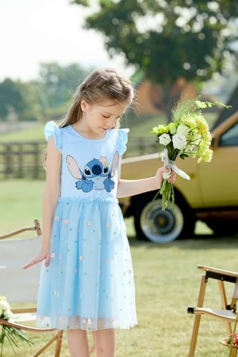 Image of Disney Princess Frozen Elsa Minnie Stitch Toddler Girl Tulle Tutu Dress Ruffle Sleeve Mesh Summer Birthday Party Clothes 2-9Y