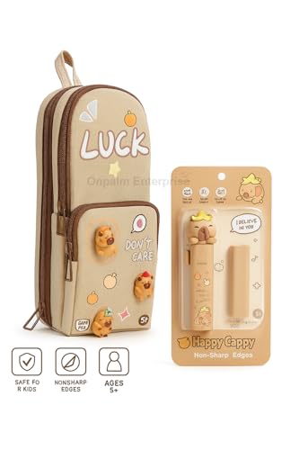 Image of Kawaii Cute Pencil Pouch with Push Pull Eraser & Refill | Canvas Zipper Pen Case for Kids | Capibara Cartoon | Safe Non-Sharp Edges | School Stationery Gift (Ages 5+)