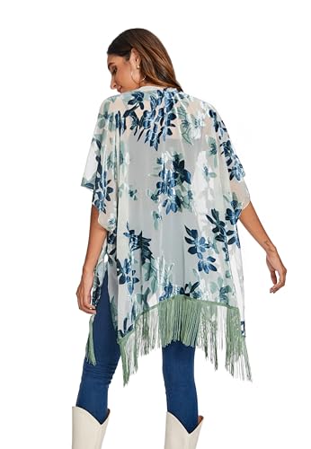 Image of MJ SERECA Women's Burnout Velvet Kimono Cardigan Cover Up with Tassel