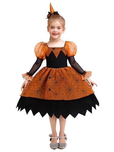 Alvivi Vestido de Bruja Araña para Niñas Vestido Faldón de Telas de Araña Naranja Faldón Disfraz de Fantasma para Fiestas Temáticas 3-8 Años Negro Naranja 6-7 años