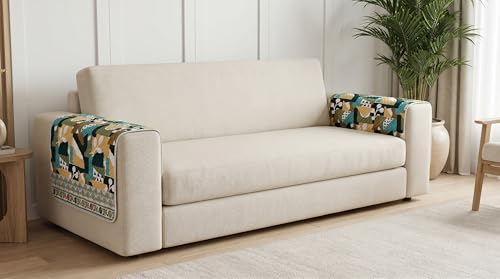 Image of Luxury Sofa Arm Cover Set of 2 - Teal Abstract Floral Quilted Armrest Cover for L Shape, 3 Seater, 4 Seater Sofa, Washable, Anti-Slip, Teal Mustard Multi