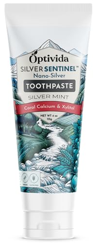 Optivida (Fluoride Free) Colloidal Silver (20ppm) Infused Xylitol Toothpaste for Adults & Kids. Anti-Cavity*, Anti-Plaque* Coral Toothpaste with Spearmint Oil for Gum Health & Teeth whitening - 4oz