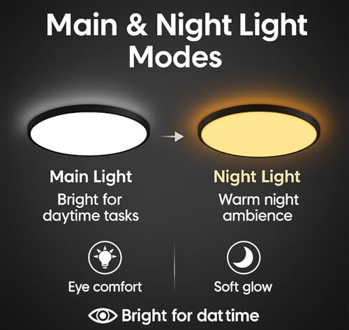 Image of PANCA 12-Inch LED Ceiling Light with Remote | 24W 3-Color Dimmable Smart Ceiling Light with Night Light Mode | Warm, Cool & Neutral Flush Mount Round Ceiling Lamp for Home (Black)