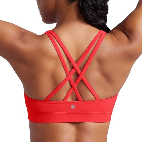CRZ YOGA Naked Feeling Strappy Padded Sports Bras for Women - Fitness Workout Top Criss Cross Back Yoga Cami Deep Red Medium