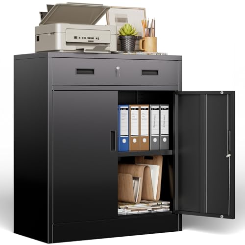 BESFUR 36' H Metal Cabinet with Lockable Drawer and 2 Lockable Doors, Black Locking Cabinet with Adjustable Shelf, Lockable Storage Cabinet for Home Office, Garage,School, Warehouse, Utility Room