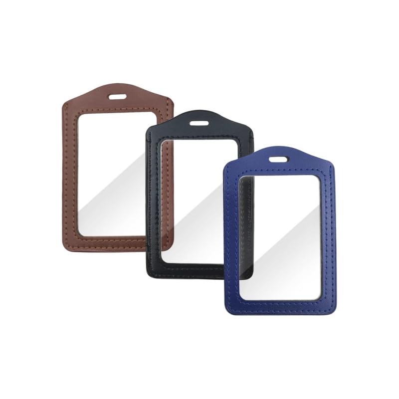 3 Pack PU Leather ID Badge Holders, Vertical Double-Sided Clear Card Holders for Office, Staff, Students - Black, Blue, Coffee Brown