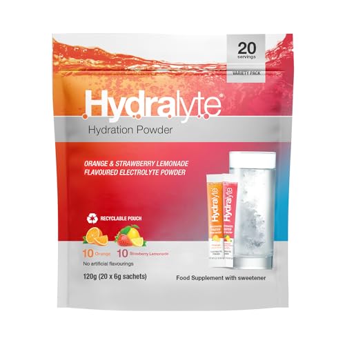 Hydralyte Effervescent Electrolytes Powder Sachets - 20 Flavoured Sticks - Rapid Rehydration - Prevent Dehydration - Achieve Optimal Hydration (Variety)