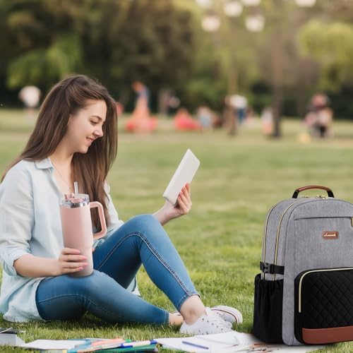 Image of LOVEVOOK Laptop Backpack for Women with Pouch Pocket for Large Capacity Cup,17 Inch Teacher Nurse College Work Travel Backpack Purse,Waterproof Laptop Computer Bags,Grey-Black-Brown+Diamond-shaped