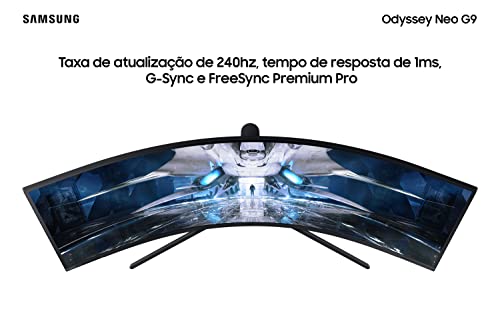 Samsung Odyssey Neo G9 49' - Monitor Gamer Curvo Mini LED, DQHD, 240Hz, 1ms, tela super ultrawide, HDMI, Display Port, USB, G-sync, Freesync Premium Pro, com ajuste de altura, Preto glide