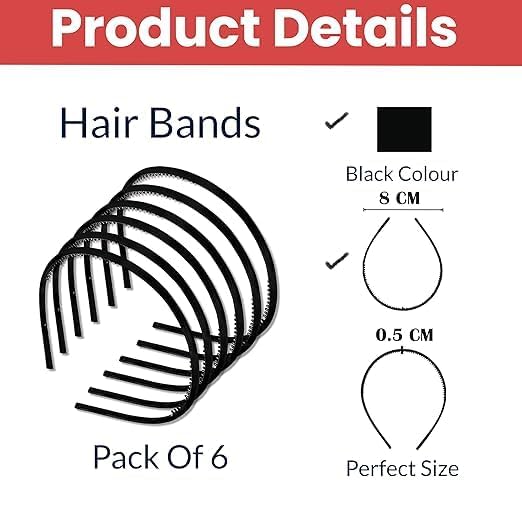 Image of Pack of 6 Black Hairbands for Girls, Women & Kids | Stylish & Fancy Headbands | Cute Hair Accessories for Party, School & Outings + 1 Black satin Scrunchie free
