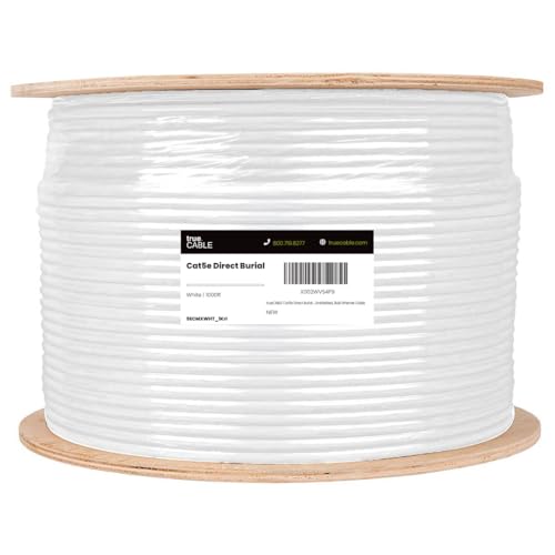 Image of TRUE CABLE Cat5e Direct Burial Bulk Ethernet Cable, Unshielded U /UTP, 1000ft,White, Waterproof, Outdoor OSP Jacket, 24AWG Solid Bare Copper, 350MHz, PoE++ 100W