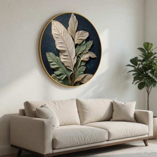 Image of SAF 3D Textured Leaf Wall Painting with Golden PVC Frame Round Botanical Wall Art Modern Luxury Design for Living Room Bedroom Office Home Decor Elegant Gift Item (23 x 23 Inch) GR-352