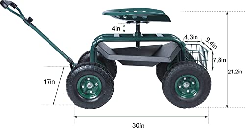 Karmas Product Steerable Garden Stool Cart With Tool Tray And Storage Basket On Wheels Rolling Work Seat Heavy Duty Scooter With Extendable Steer Handle Green #TOP2